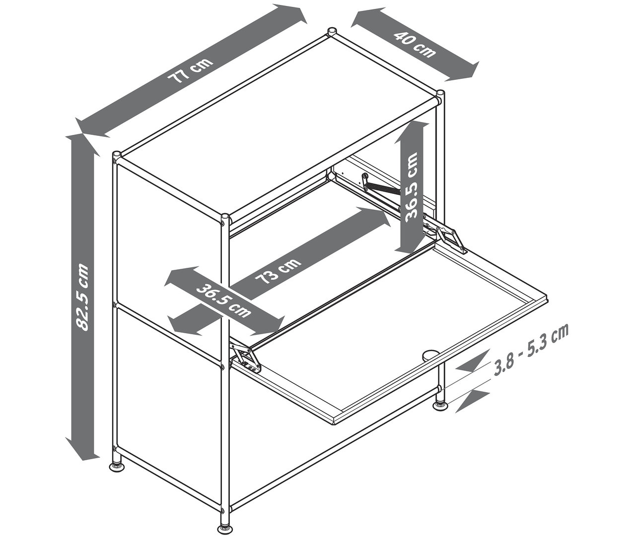 Čiernobiela kresba skrinky s rozmermi, otvorenými dverami a policou.