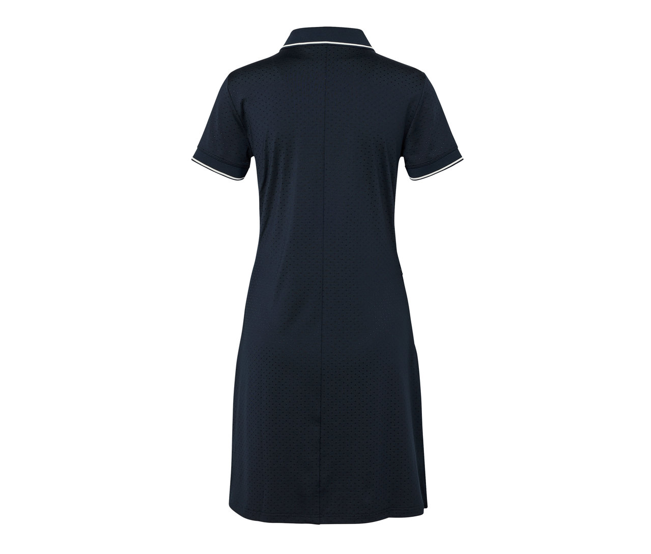 Tmavomodré športové šaty s bielym lemovaním na golieri a rukávoch.