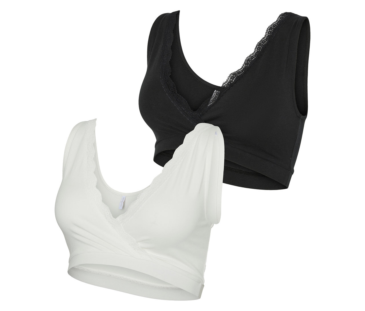 Dve tehotenské podprsenky MAMALICIOUS »MLHELENA«, 2 ks v balení, jedna biela a jedna čierna, obe s čipkovaným lemom.