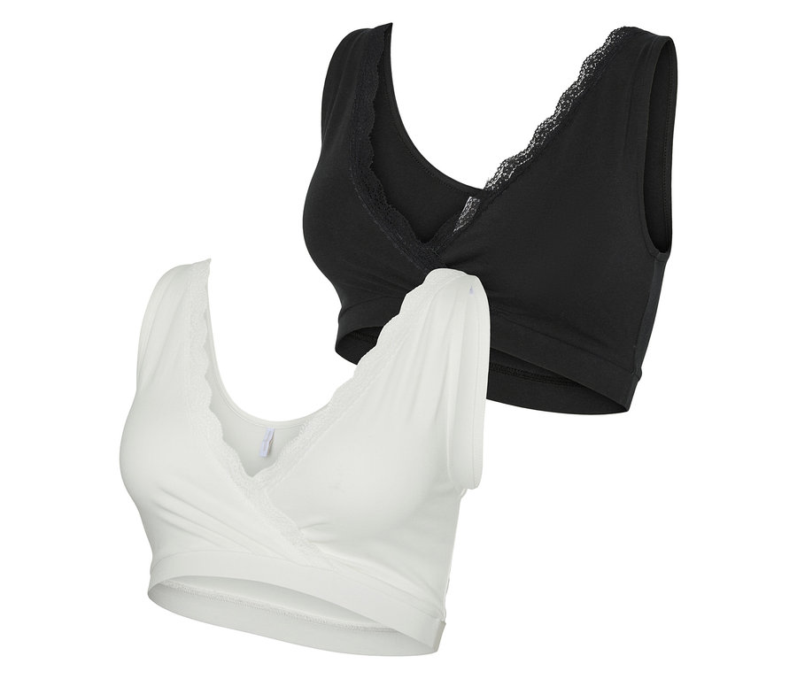 Dve tehotenské podprsenky MAMALICIOUS »MLHELENA«, 2 ks v balení, jedna biela a jedna čierna, obe s čipkovaným lemom.