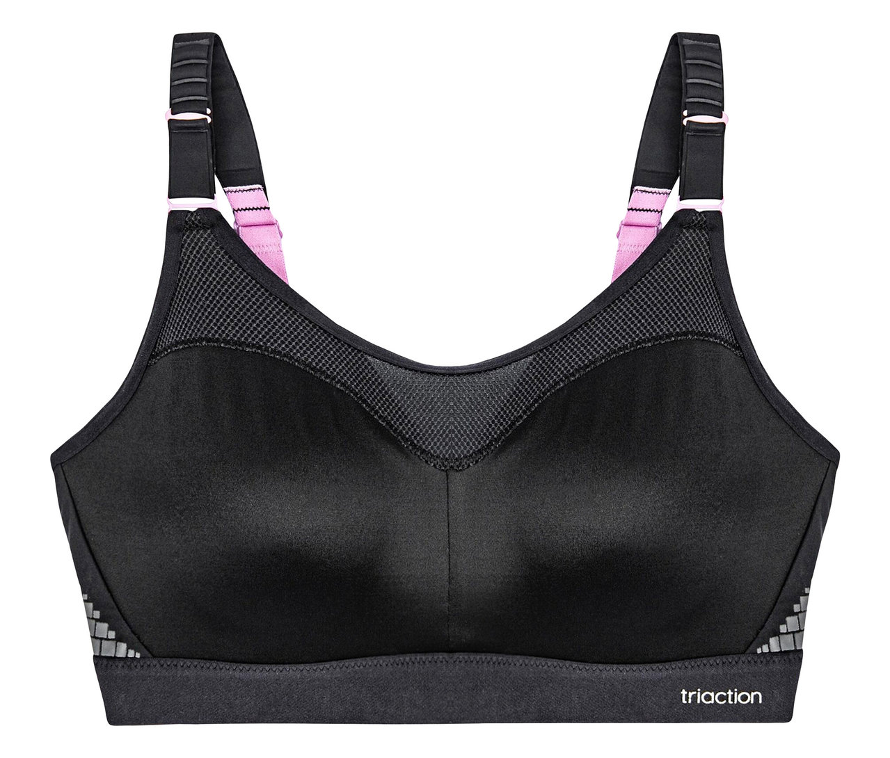 Čierna zmenšujúca športová podprsenka TRIUMPH Triaction Control Lite W01X s ružovými detailmi na ramienkach.