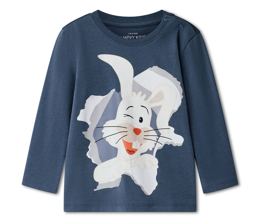 Modré tričko s dlhým rukávom s vtipnou bielou potlačou zajaca.