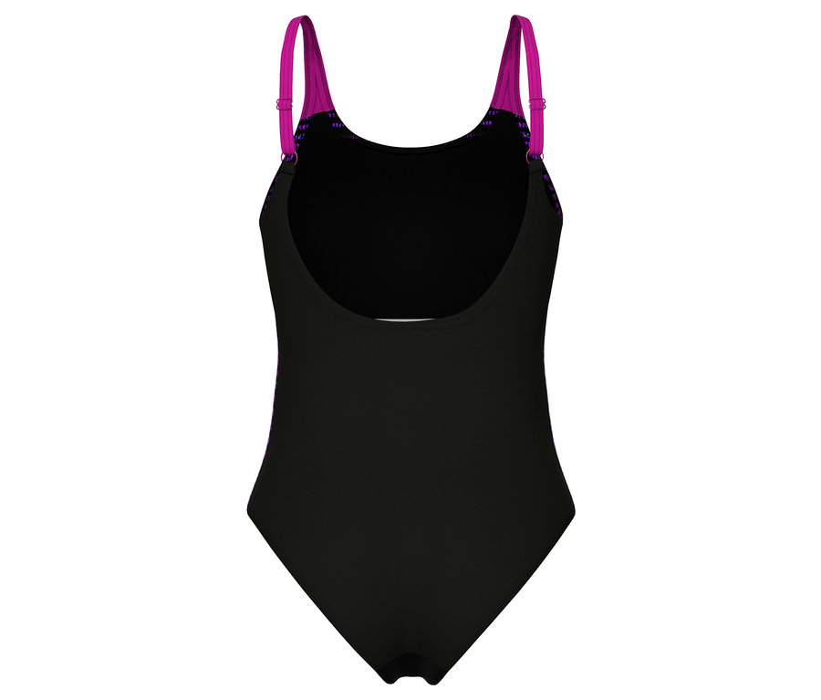 Čierne dámske plavky arena Feel Side Placement U Back Bustier s fuksiovými ramienkami a U-čkovým chrbtovým výstrihom, s viacfarebným vzorom na ramienkach a bokoch.
