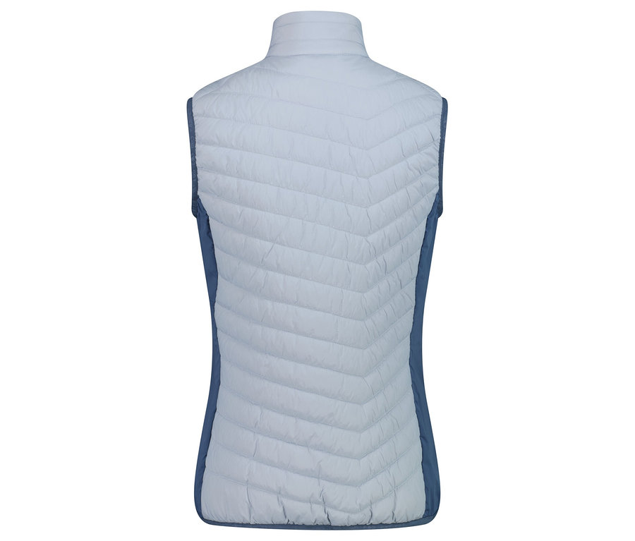 Pohľad zozadu na svetlomodrú prešívanú vestu s tmavomodrými bokmi.
