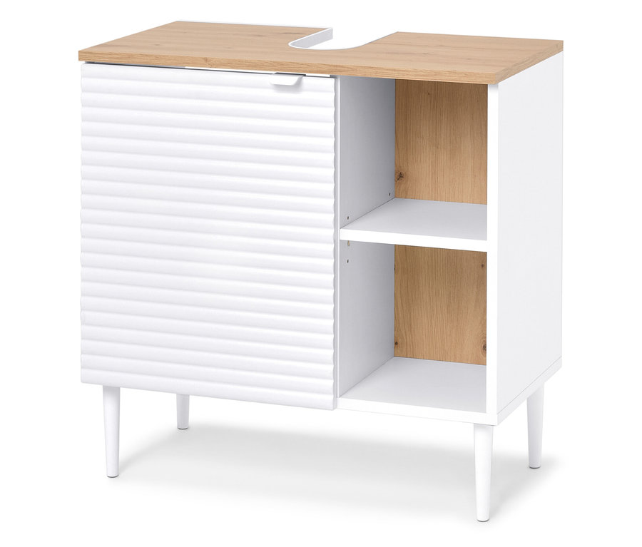 Biela skrinka pod umývadlo s drevenou doskou.