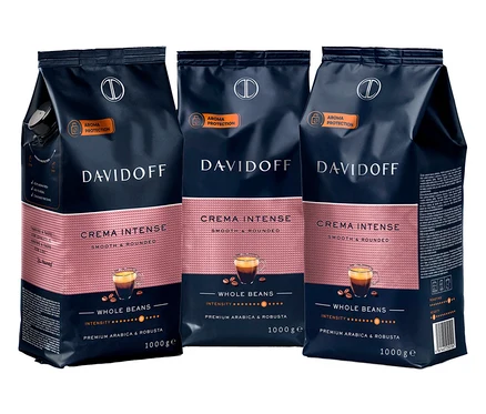 Tri balenia zrnkovej kávy Davidoff Crema Intense, 1000g balenie.