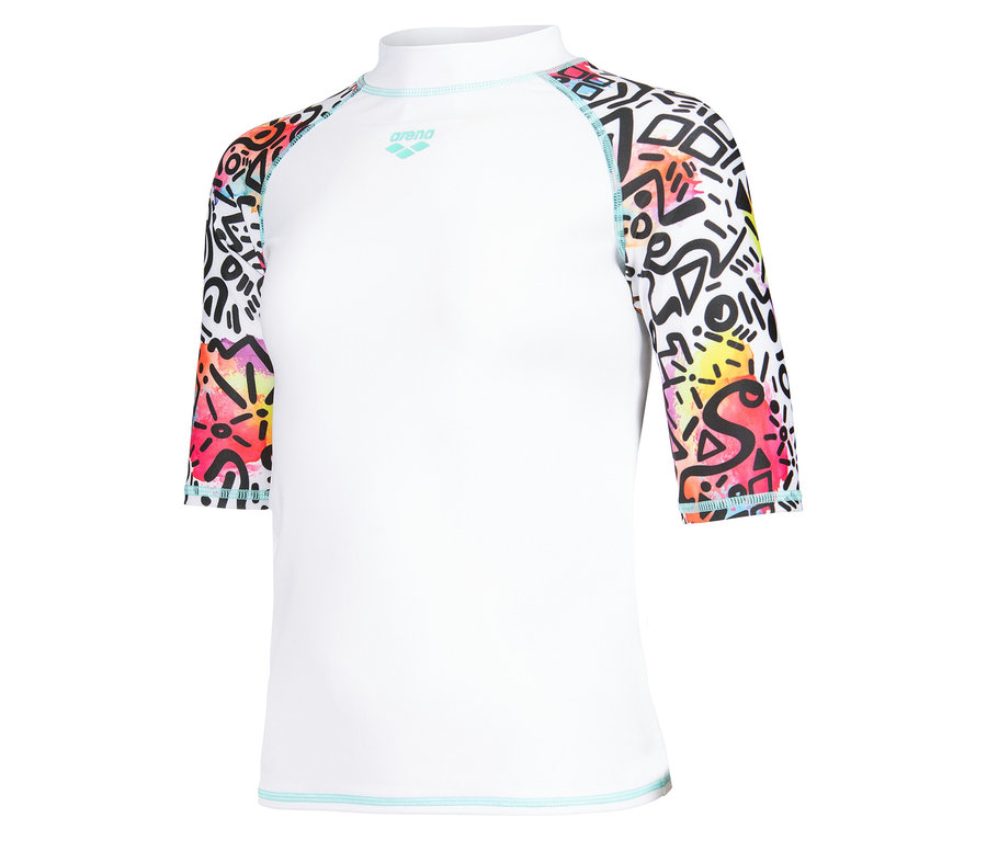 Biele tričko Arena s dlhým rukávom a farebnými rukávmi s grafiti.