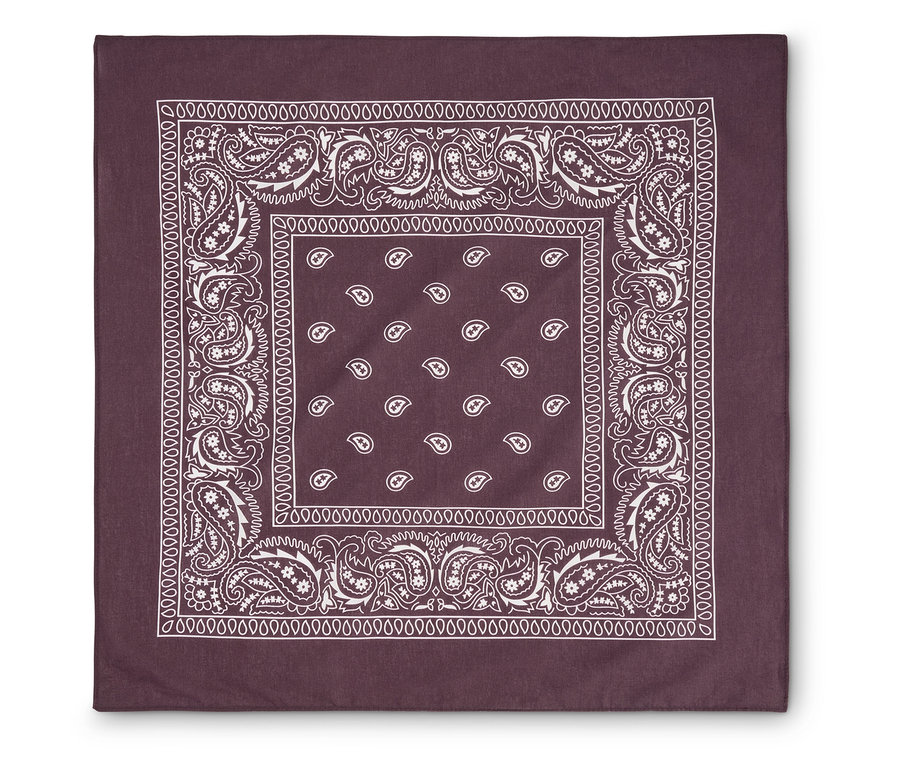 Tmavobordová bandana s bielym paisley vzorom a okrajom z malých bielych kruhov.