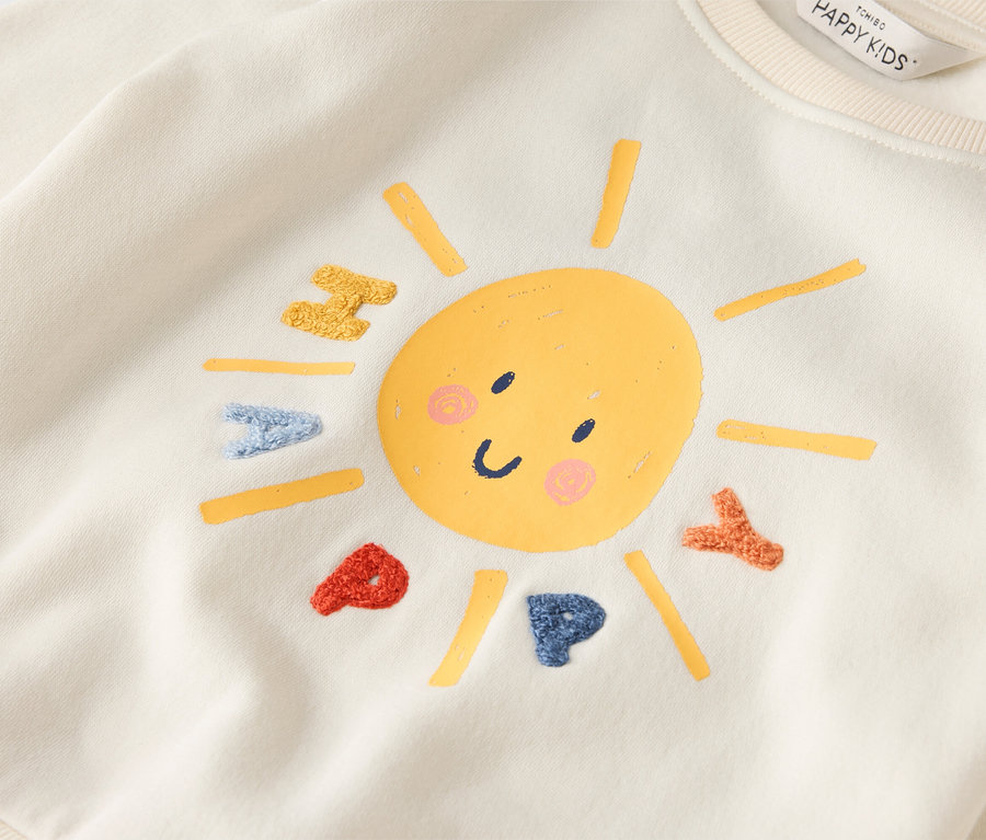 Krémová mikina s usmievavým slnkom a nápisom HAPPY.
