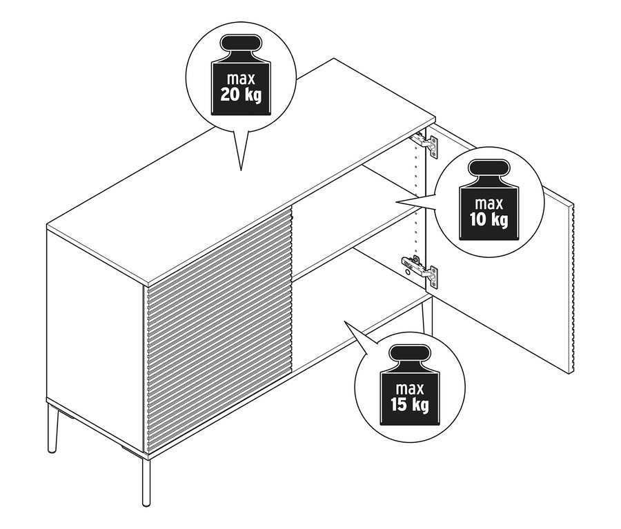 Nákres komody »REET« v lamelovom vzhľade s údajmi o maximálnej hmotnosti.