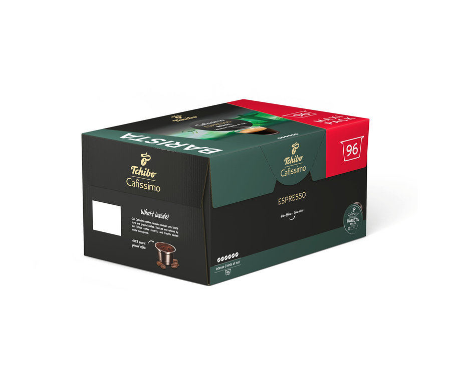 Zeleno-červená krabica s 96 kávovými kapsulami Tchibo Cafissimo BARISTA Espresso Brasil, mierne otvorená, ukazuje kapsulu.