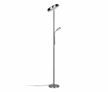 Strieborná stojacia LED lampa Reality »Palermo« s okrúhlou základňou, horným svetlom a flexibilnou lampou na čítanie.