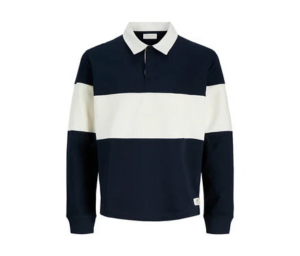 Jack&Jones Polo Sweater s dlhými rukávmi, s námorníckymi modrými a krémovými vodorovnými pruhmi, bielym golierom a dvojgombíkovou légou.