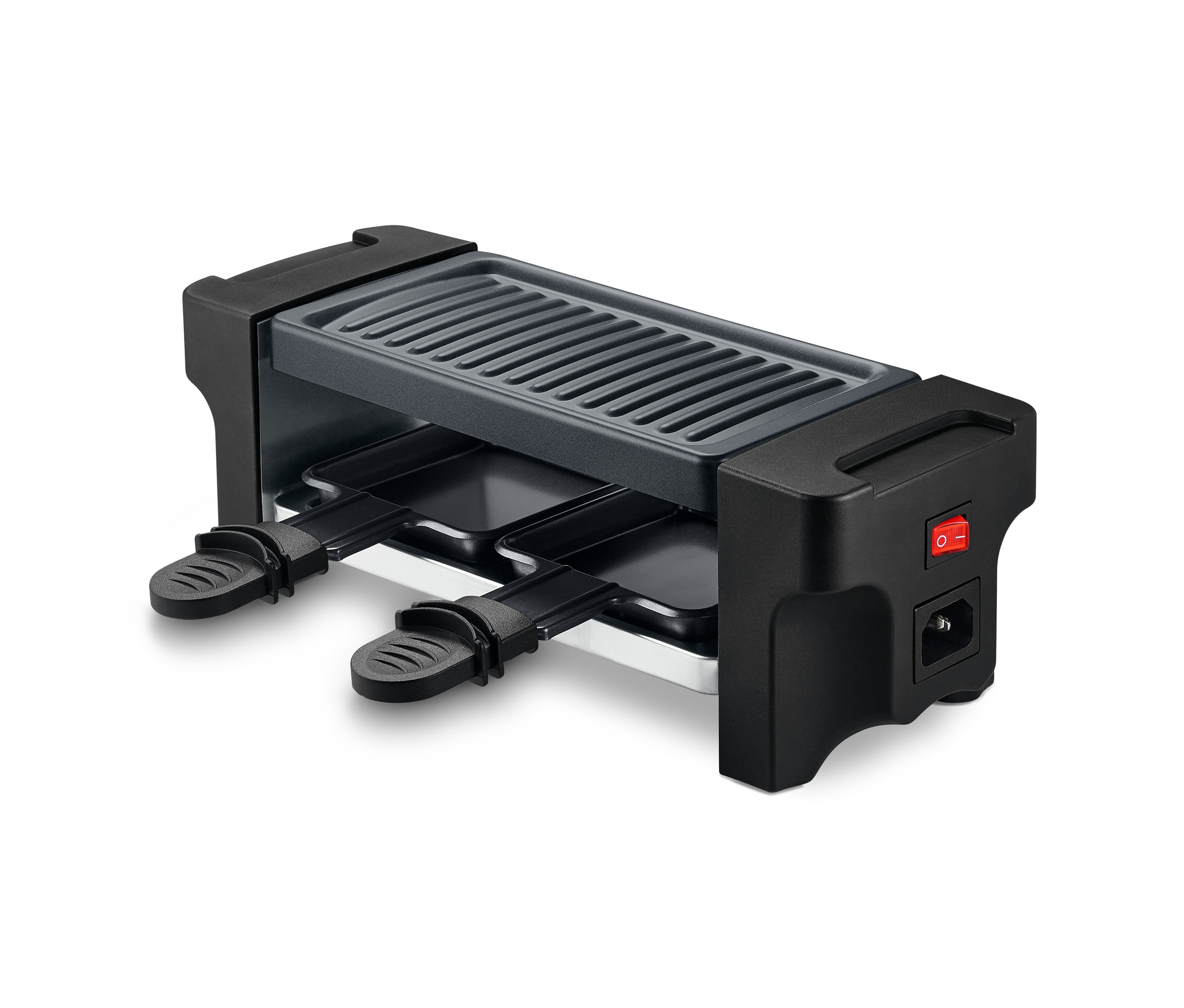 Čierny raclette gril pre dve osoby s vypínačom.