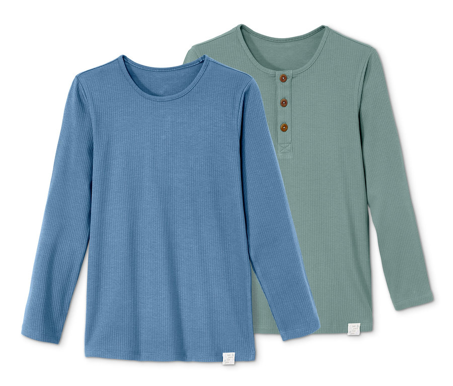Dve tričká s dlhým rukávom: modré a zelené.