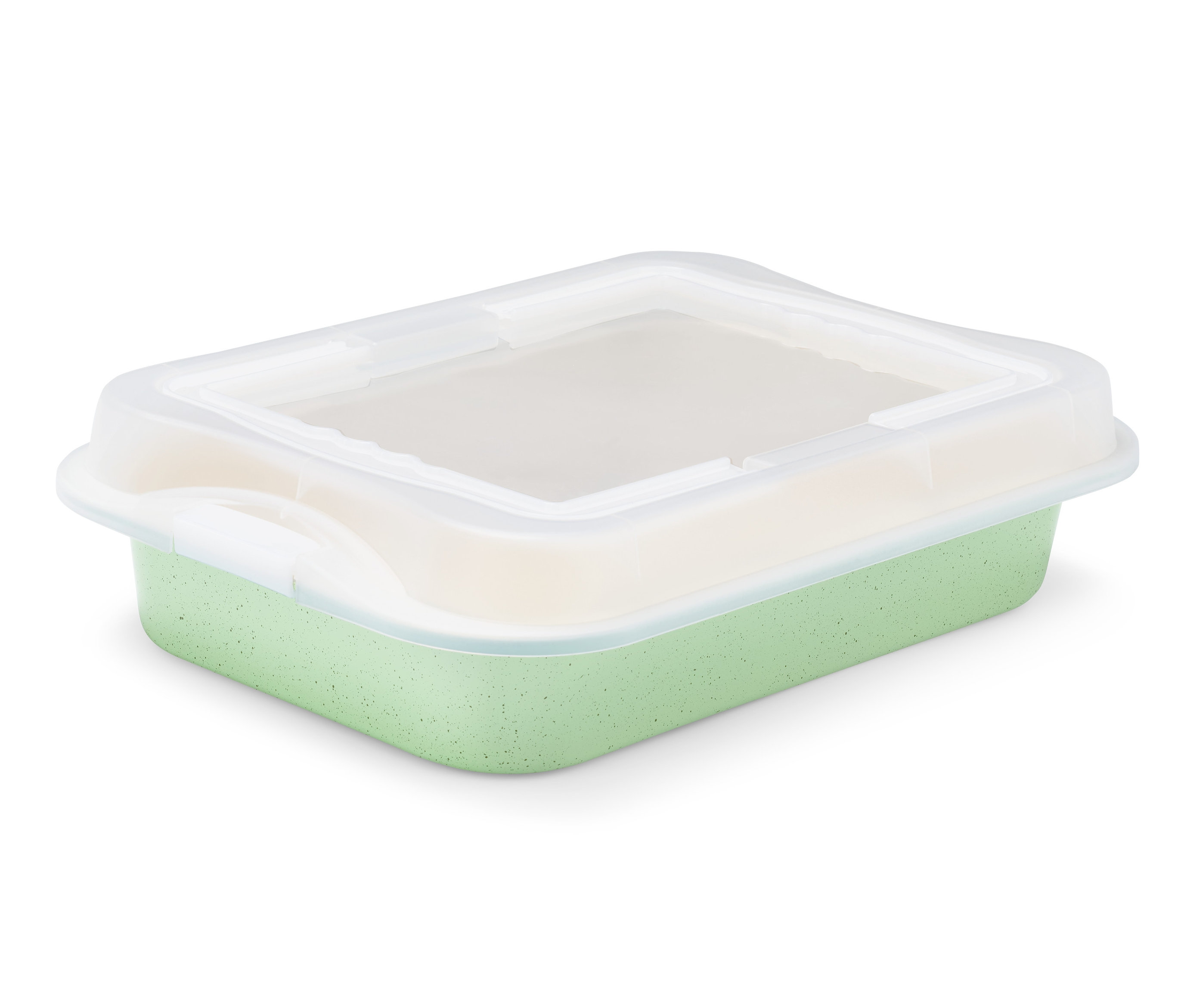 Zelený plech na pečenie s priehľadným vekom.