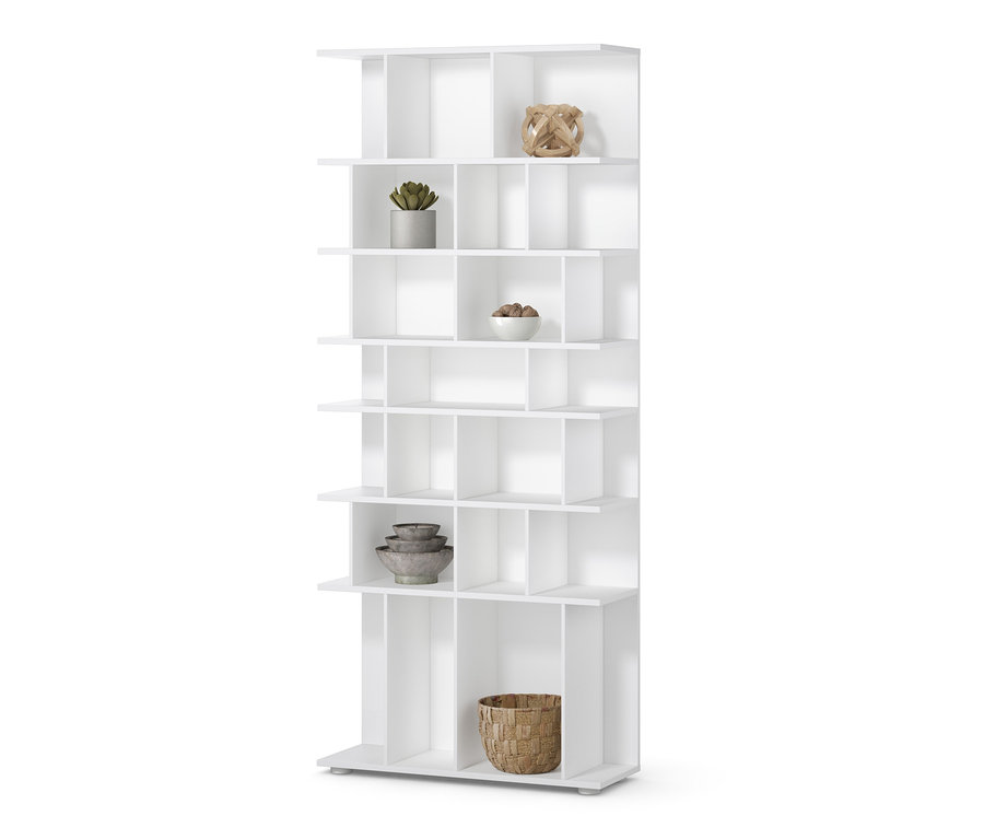 Biely regál, šírka cca 80 cm, s dekoráciami.