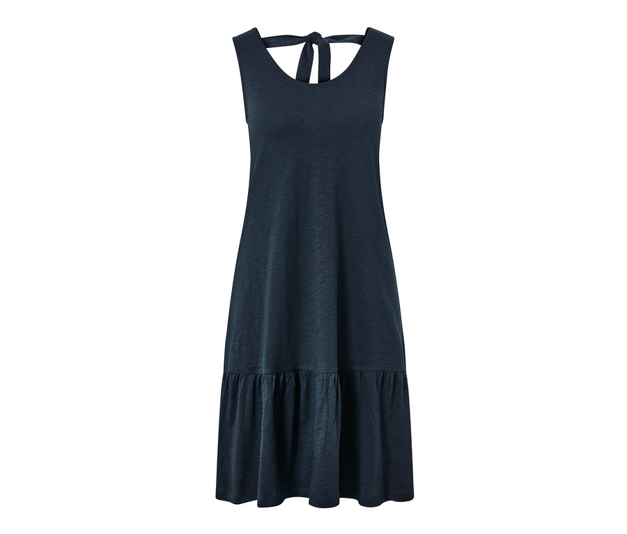Tmavomodré džersejové šaty s volánom.