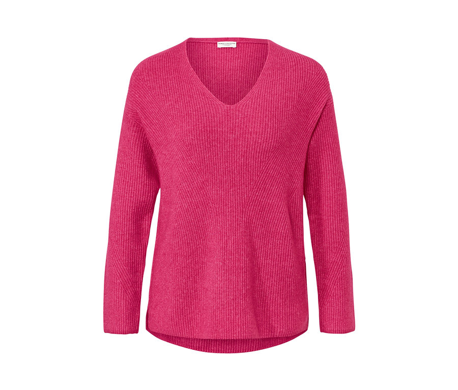 Malinový pulóver z hrubého úpletu s výstrihom do V.