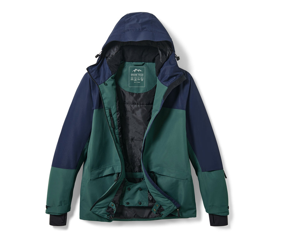 Otvorená lyžiarska bunda modrozelenej farby.