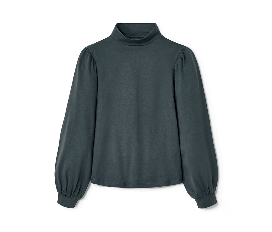 Detské tričko s dlhými rukávmi, bridlicovomodré, leží na bielom pozadí.