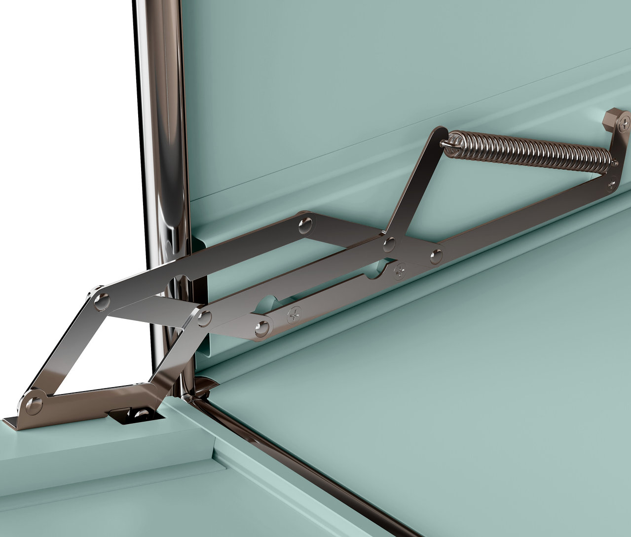 Detail vnútra modrozelenej skrinky s kovovým mechanizmom.