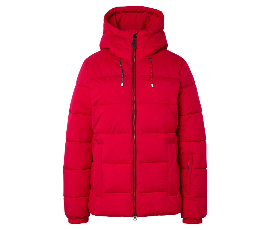 Červená páperová bunda s kapucňou a zipsom.