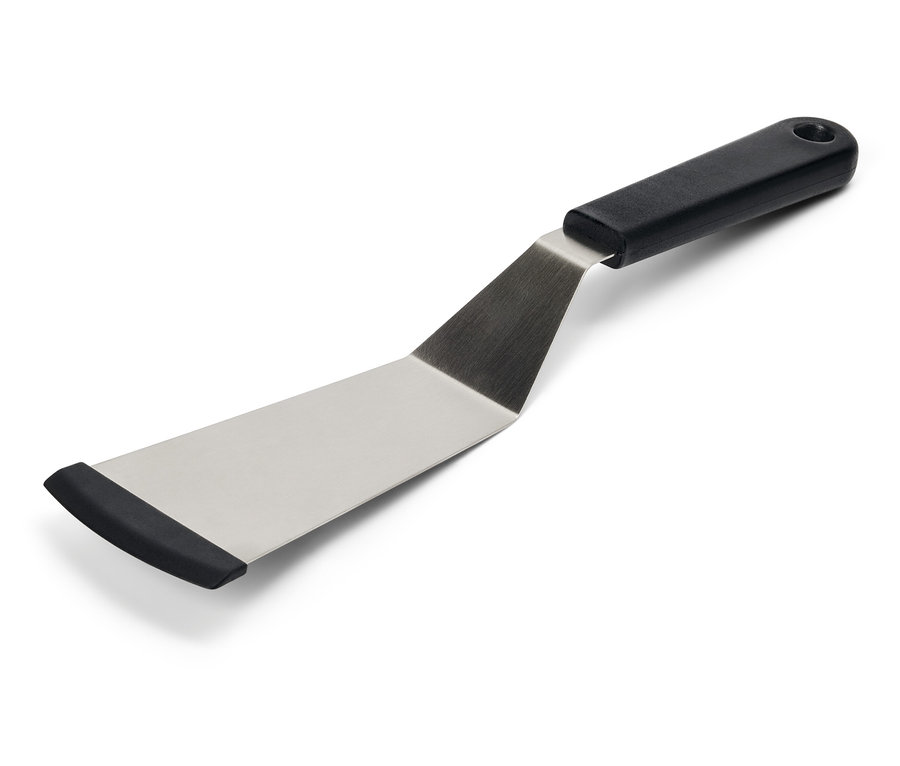 Špachtľa so striebornou hlavou a čiernou rukoväťou.