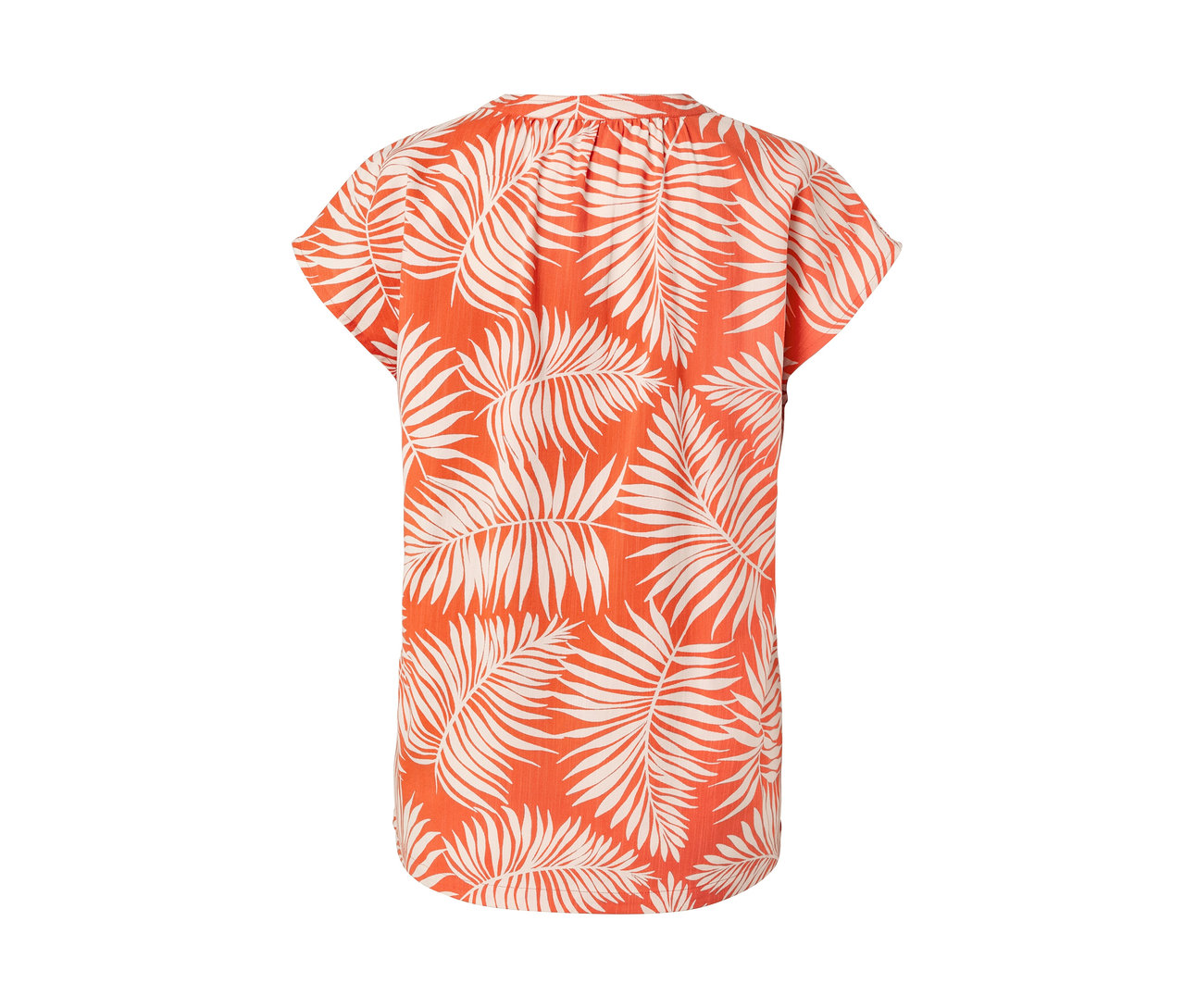 Oranžová blúzka s krátkym rukávom a potlačou listov.