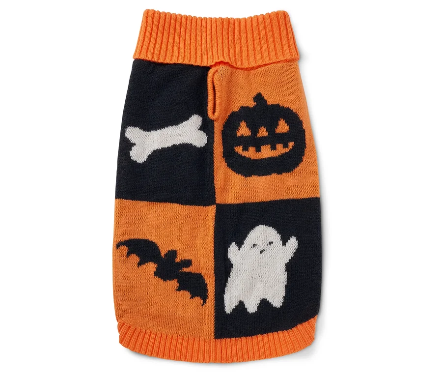 Svetrík pre psa s halloweenskymi motívmi. Oranžový a čierny sveter má motívy ducha, netopiera, tekvice a kosti.