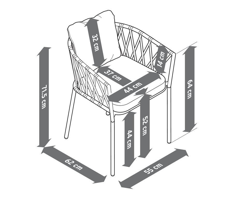 Rozmery jedálenského kresla s textilným výpletom (2 ks) sú zobrazené pomocou šípok.