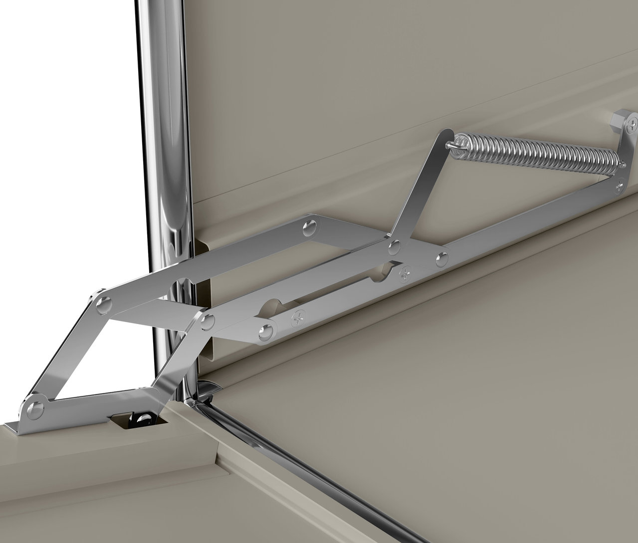 Detail mechanizmu výklopných dvierok kovovej odkladacej skrinky »CN3« svetlosivej farby.
