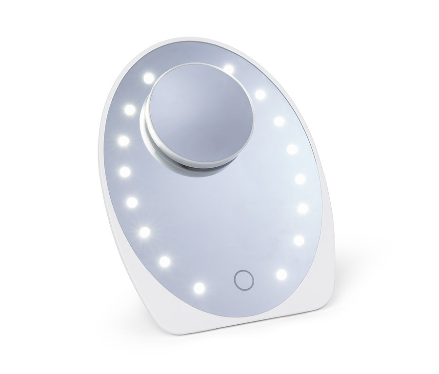 Biele kozmetické zrkadlo s LED osvetlením na bielom pozadí.