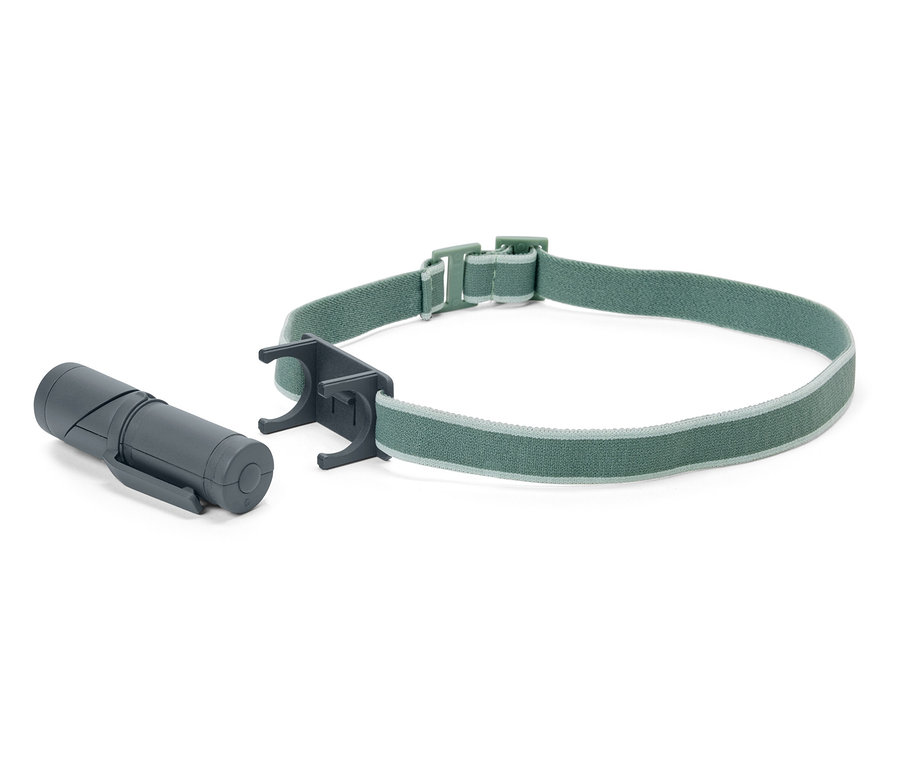 Sivá 2-v-1 LED multifunkčná lampa s elastickým zeleným popruhom.