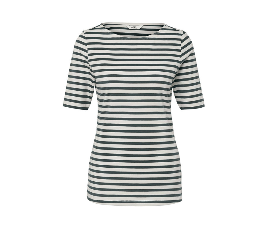 Zelené pásikavé tričko s polodlhým rukávom.