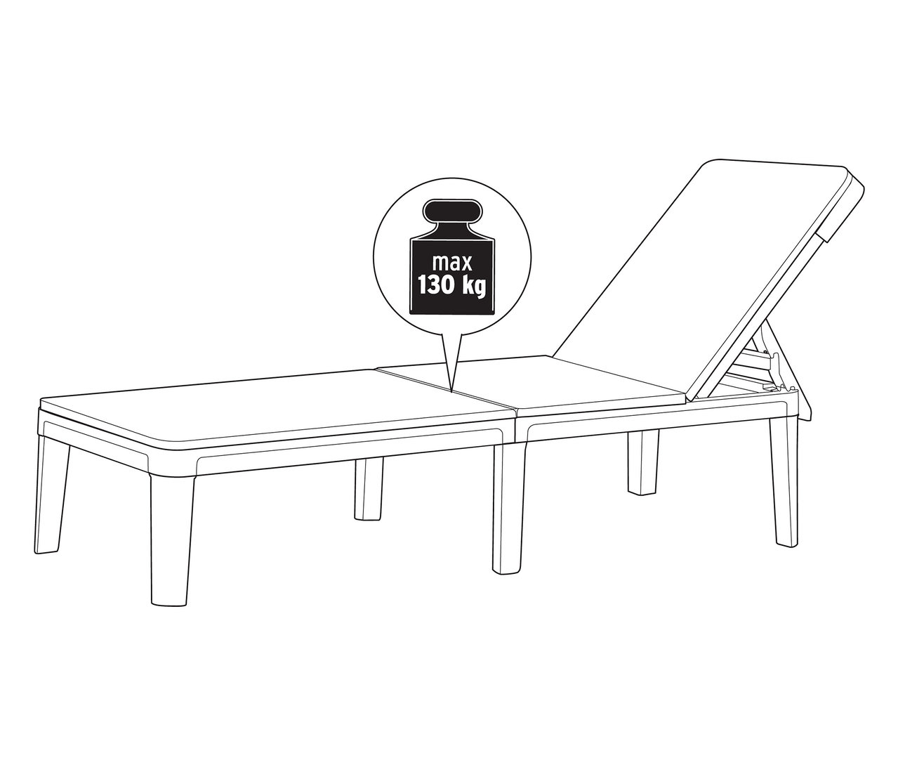 Nákres ležadla s maximálnou nosnosťou 130 kg.