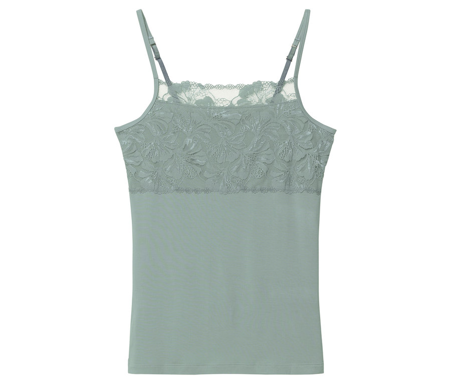 Svetlý top bez rukávov s čipkovanými detailmi na výstrihu a nastaviteľnými ramienkami.