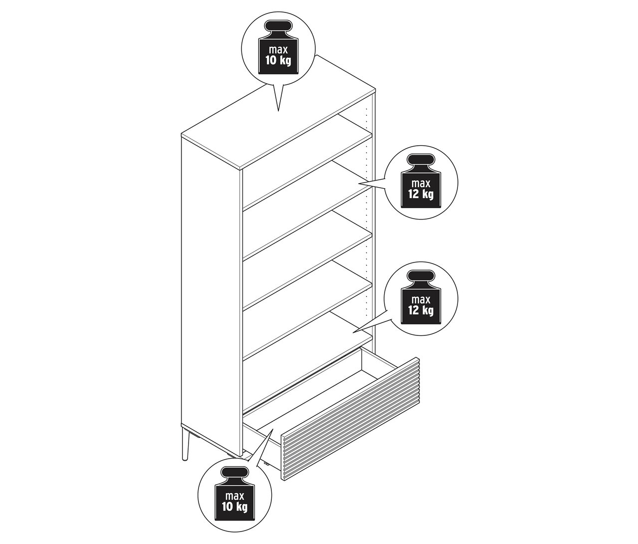 Ilustrácia regálu »REET« s lamelovým vzhľadom, ktorý zobrazuje otvorenú priehradku a zásuvku. Uvedené informácie o hmotnosti.