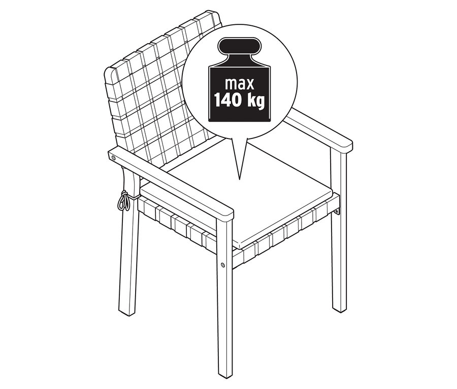 Ilustrácia stohovateľnej záhradnej stoličky s popruhovou väzbou, ktorá unesie maximálnu hmotnosť 140 kg.