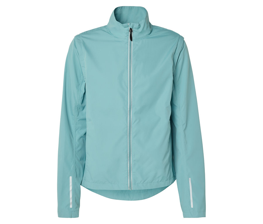 Svetlomodrá bežecká bunda s dlhým rukávom a zipsom vpredu na bielom pozadí.