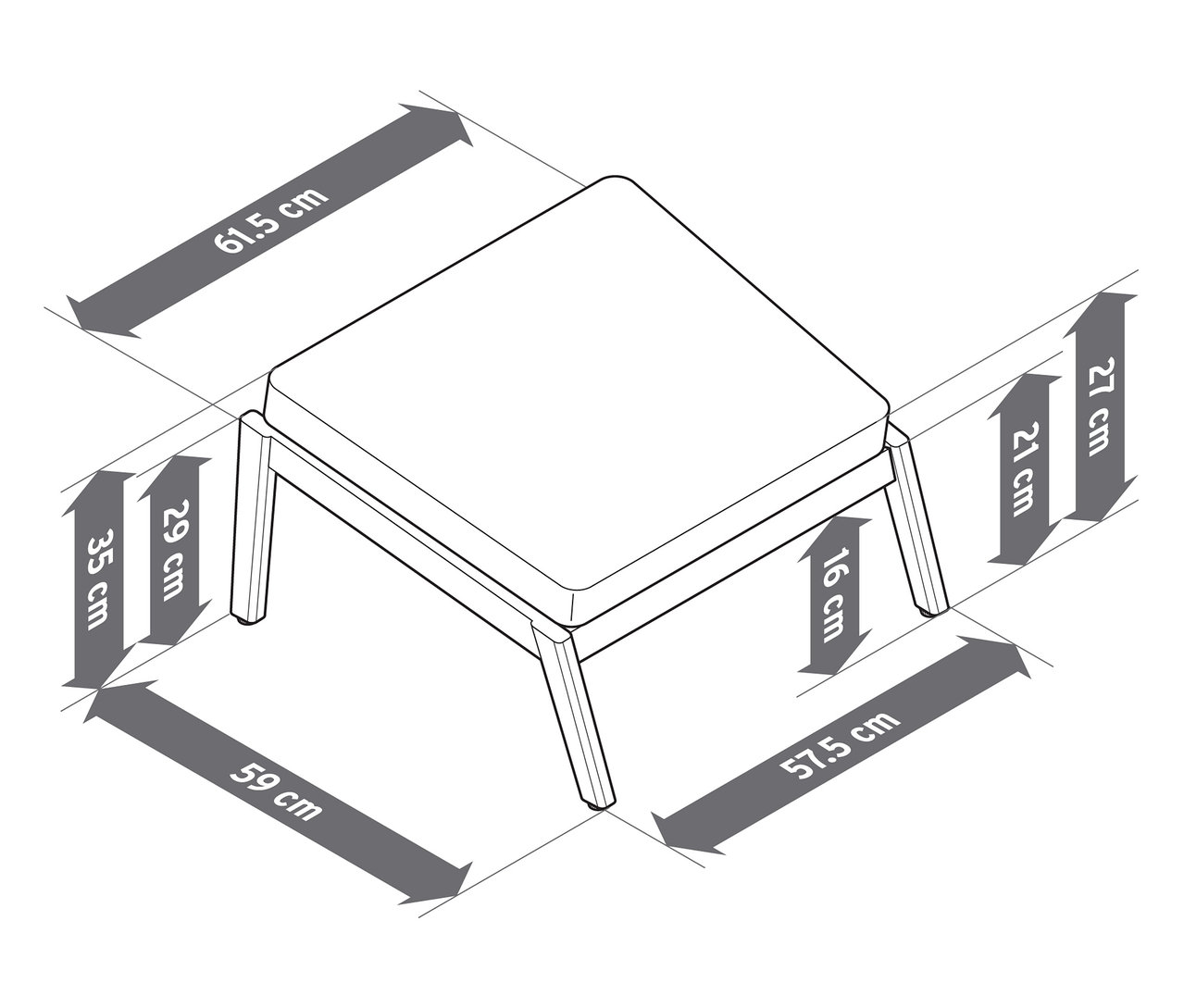 Ilustrácia pohodlného záhradného kresla s vysokým operadlom vrátane podnožky s rozmermi.