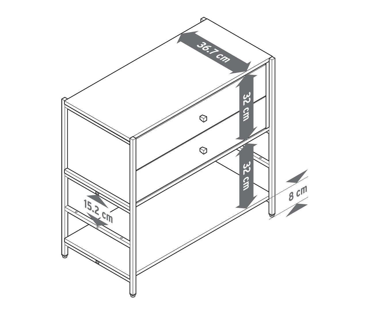 Pohľad zhora na komodu »GRADE« s dvomi zásuvkami a rozmermi 36,7 cm šírka, 32 cm výška zásuviek, 15,2 cm výška police a 8 cm výška nôh.