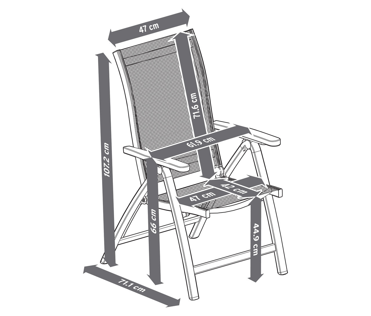 Obrázok zobrazuje kreslo s vysokým operadlom "Liska" s nastaviteľným operadlom, s uvedenými rozmermi.
