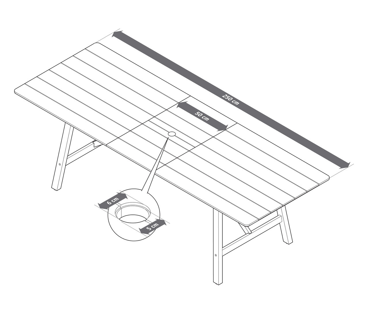 Pohľad zhora na rozkladací záhradný stôl s rustikálnym rámom, cca 200-250 cm, s rozmermi.