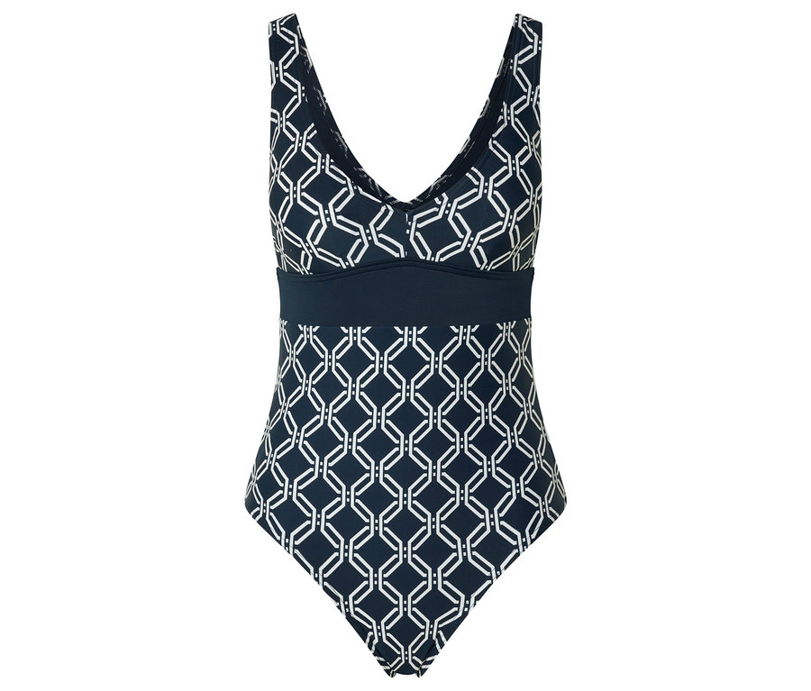 Tmavo-modré plavky s geometrickým vzorom.