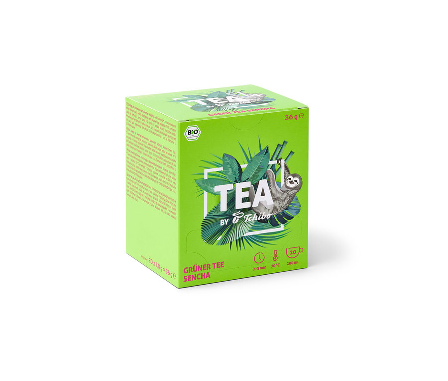 Balenie BIO zeleného čaju TEA by Tchibo Sencha s ilustráciou leňochoda.