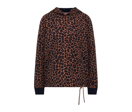 Hnedá mikina CECIL s čiernym leopardím vzorom, kapucňou a sťahovacou šnúrkou na leme.