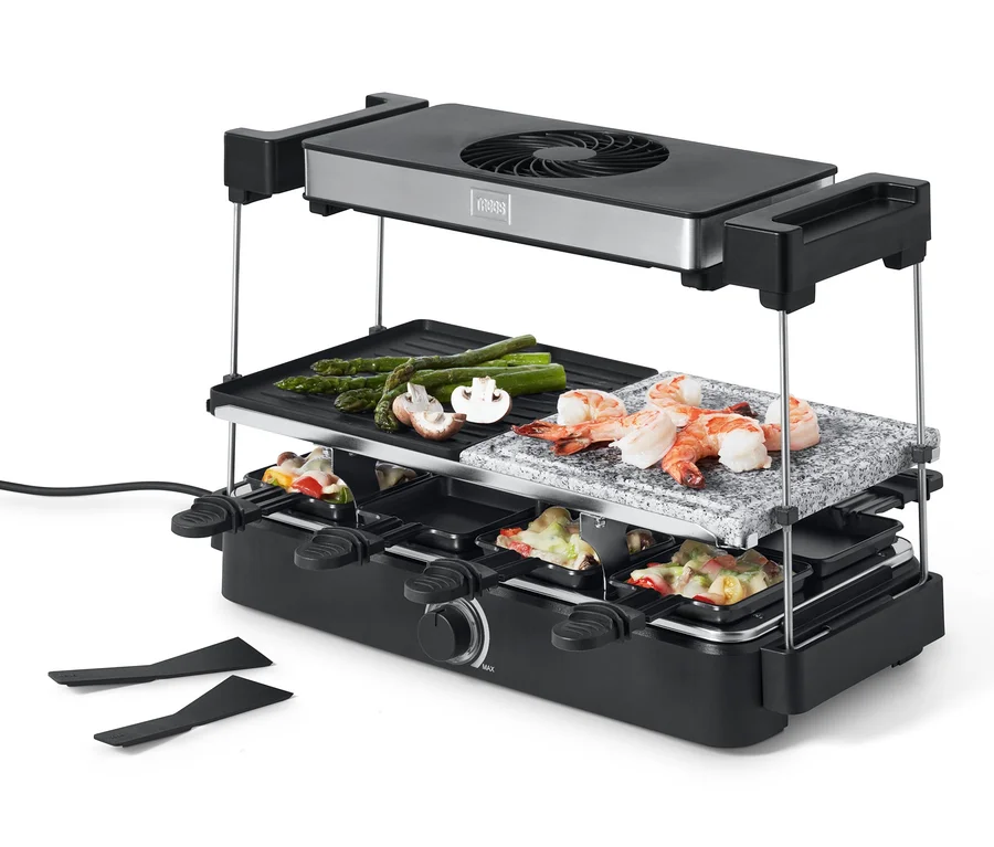 Raclette gril Trebs s digestorom a kamennou doskou s krevetami, špargľou a šampiňónmi.
