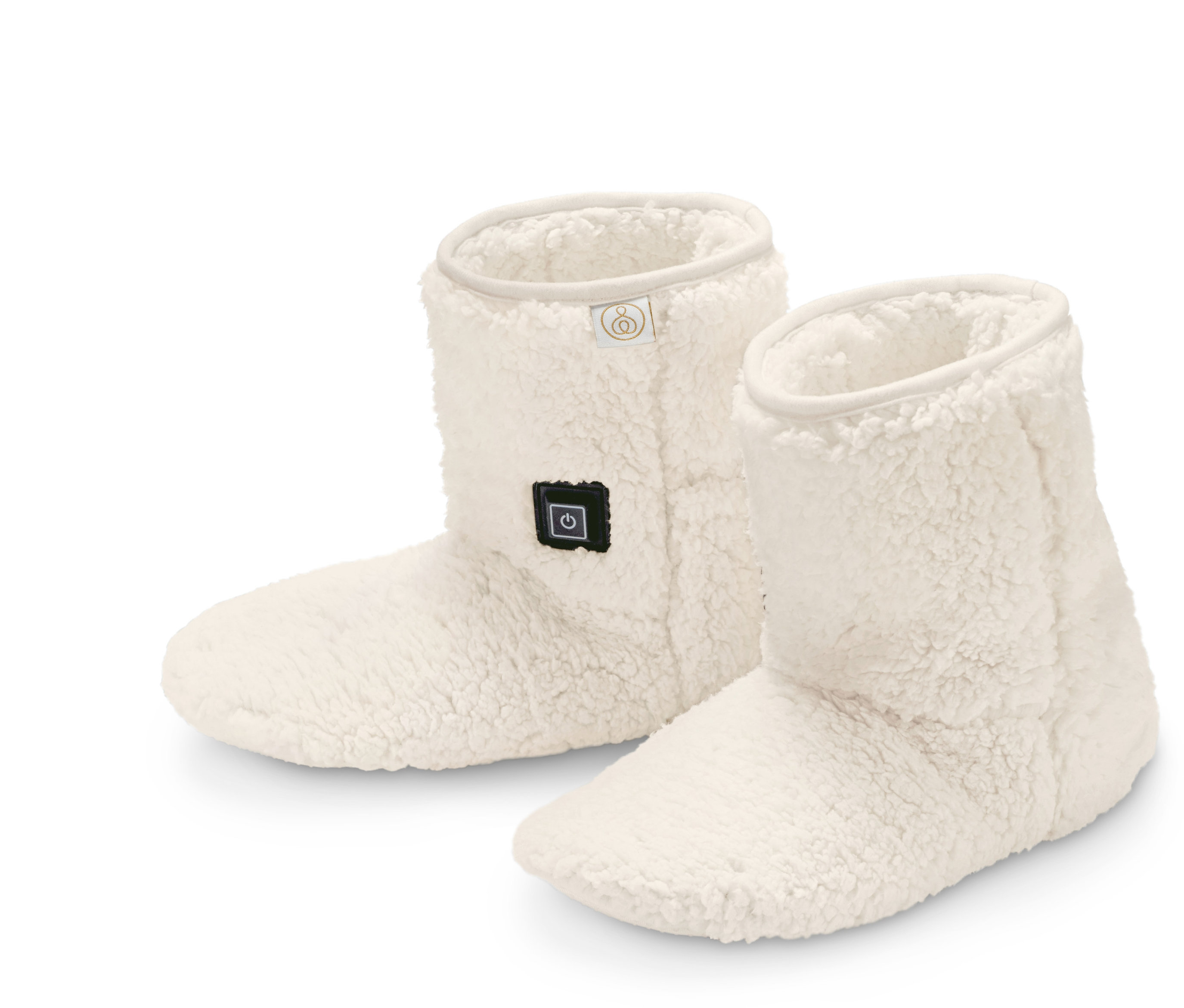 Dve vyhrievacie papuče s akumulátorom na bielom pozadí.