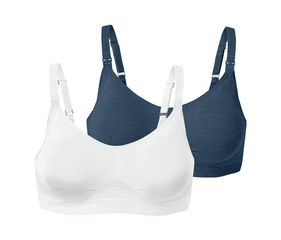 Dve bezšvové podprsenky na dojčenie, jedna biela a jedna tmavomodrá.